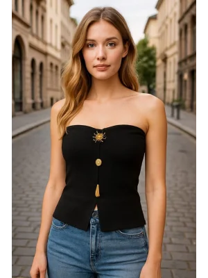 MetuCa Kadın Straplez Önü Düğme Detaylı Yırtmaçlı Vücudu Saran Fitilli Kaşkorse Bluz - Siyah