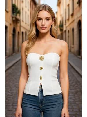 MetuCa Kadın Straplez Önü Düğme Detaylı Yırtmaçlı Vücudu Saran Fitilli Kaşkorse Bluz - Beyaz