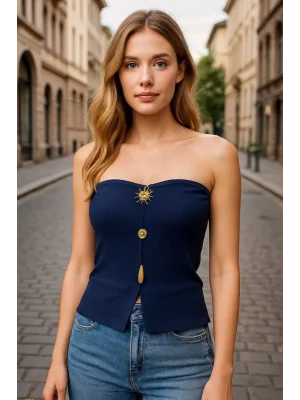 MetuCa Kadın Straplez Önü Düğme Detaylı Yırtmaçlı Fitilli Kaşkorse Bluz - Lacivert