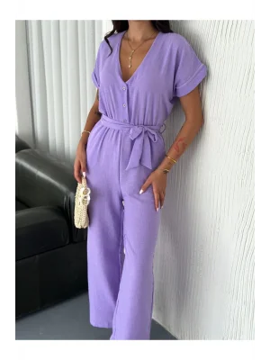 MetuCa Kadın V Yaka Önden Düğmeli Kısa Kollu Beli Kuşaklı Bürümcük Bol Paça Tulum - Lila