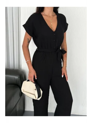 MetuCa Kadın V Yaka Önden Düğmeli Kısa Kollu Beli Kuşaklı Bürümcük Bol Paça Tulum - Siyah