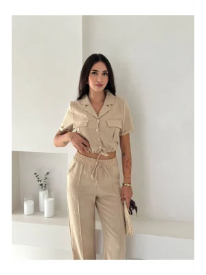 MetuCa Kadın Gömlek Yaka Çift Cepli Crop ve Beli Lastikli Palazzo Pantolon Keten Takım - Bej
