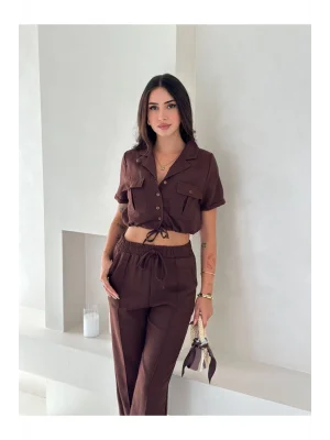MetuCa Kadın Gömlek Yaka Eteği Büzgülü Crop Beli Lastikli Palazzo Pantolon Keten Takım - Kahverengi