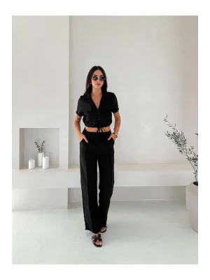 MetuCa Kadın Gömlek Yaka Çift Cepli Crop ve Beli Lastikli Palazzo Pantolon Keten Takım - Siyah