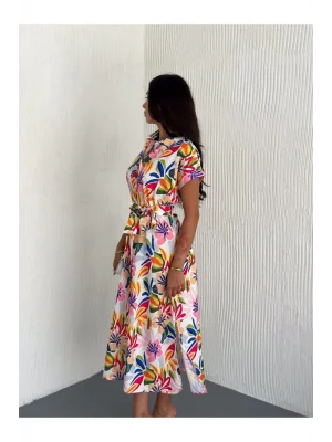MetuCa Kadın Gömlek Yaka Beli Kuşaklı Yırtmaçlı Desenli Poplin Midi Elbise - Çok Renkli