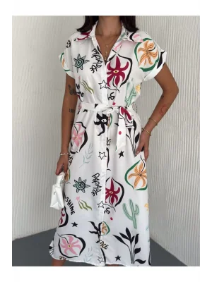 MetuCa Kadın Gömlek Yaka Beli Kuşaklı Yırtmaçlı Desenli Poplin Midi Elbise - Çok Renkli