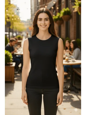 MetuCa Kadın Siyah Bisiklet Yaka Sıfır Kol Likralı Pamuklu Vücudu Saran Basic Atlet