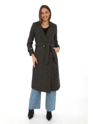 Kadın Kuşaklı Astarlı Balık Sırtı Kaşmir Kaşe Kaban - Kahverengi