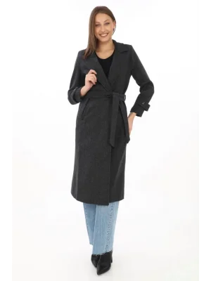 Kadın Kuşaklı Astarlı Balık Sırtı Kaşmir Kaşe Kaban - Siyah