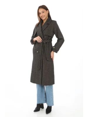 Kadın Kuşaklı Balık Sırtı Desenli Uzun Kaşmir Kaşe Kaban - Kahverengi