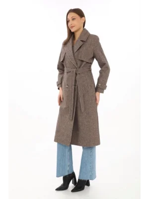 Kadın Kuşaklı Balık Sırtı Desenli Uzun Kaşmir Kaşe Kaban - Vizon