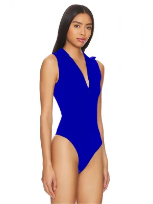 MetuCa Kadın Mavi Fermuarlı Polo Yaka Kolsuz Jarse Kumaş Tanga Kesim Bodysuit Zıbın