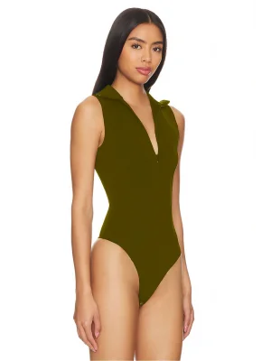 MetuCa Kadın Haki Fermuarlı Polo Yaka Kolsuz Jarse Kumaş Tanga Kesim Bodysuit Zıbın