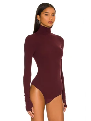 MetuCa Kadın Bordo Balıkçı Yaka Uzun Kollu Parmak Geçmeli Sandy Kumaş Tanga Kesim Bodysuit Zıbın