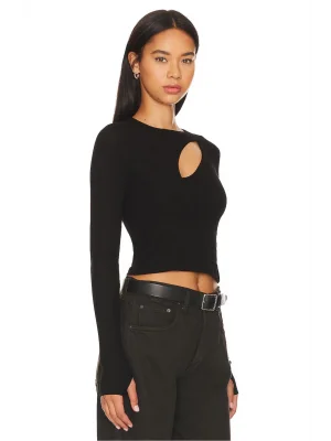 MetuCa Kadın Siyah Pencere Dekolteli Uzun Kollu Parmak Geçmeli Sandy Kumaş Crop Bluz