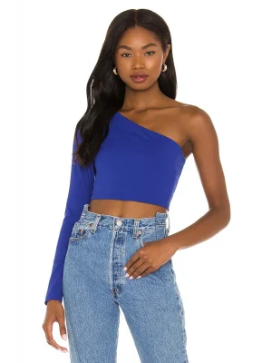 MetuCa Kadın Saks Mavisi Tek Omuz Asimetrik Yaka Uzun Kollu Jarse Kumaş Crop Bluz