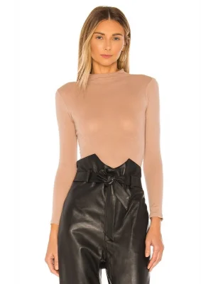 Kadın Bej Uzun Kollu Ipek Jarse Bodysuit