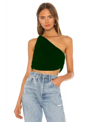 MetuCa Kadın YeşilTek Omuz Drapeli Jarse Kumaş Asimetrik Vücudu Saran Crop Top Bluz Büstiyer