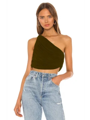 MetuCa Kadın KahverengiTek Omuz Drapeli Jarse Kumaş Asimetrik Crop Top Bluz Büstiyer