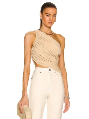 MetuCa Kadın Bej Tek Omuz Drapeli Jarse Kumaş Asimetrik Vücudu Saran Crop Top Bluz Büstiyer