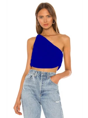 MetuCa Kadın Mavi Tek Omuz Drapeli Jarse Kumaş Asimetrik Crop Top Bluz Büstiyer