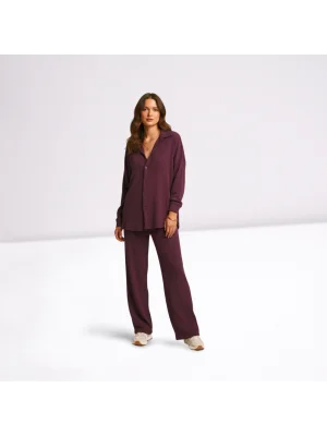 MetuCa Kadın Mürdüm Pamuk Bürümcük Takım Gömlek ve Beli Lastikli Geniş Paça Pantolon