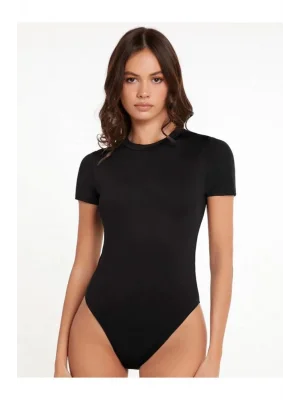 MetuCa Kadın Siyah Bisiklet Yaka Kısa Kollu Jarse Kumaş Vücudu Saran Basic Bodysuit Zıbın
