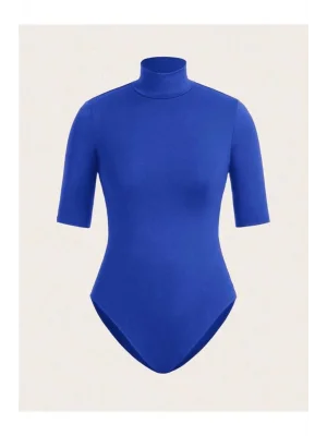 MetuCa Kadın Mavi Balıkçı Yaka Kısa Kollu Jarse Kumaş Vücudu Saran Tanga Kesim Bodysuit Zıbın