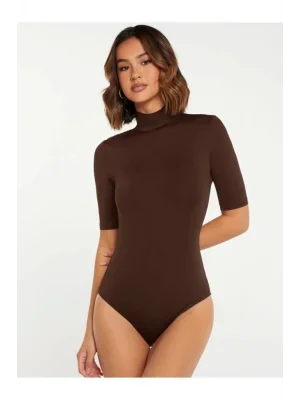 MetuCa Kadın Kahverengi Balıkçı Yaka Kısa Kollu Jarse Kumaş Vücudu Saran Bodysuit Zıbın