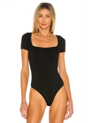 MetuCa Kadın Siyah Kare Yaka Kısa Kollu Jarse Kumaş Vücudu Saran Tanga Kesim Bodysuit Zıbın