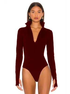 MetuCa Kadın Bordo Dik Yaka Fermuarlı Uzun Kollu Parmak Geçmeli Sandy Kumaş Bodysuit Zıbın