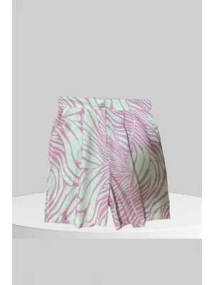 MetuCa Kadın Yüksek Bel Önü Çift Pileli Cepli Zebra Desenli Keten Kumaş Şort - Pembe