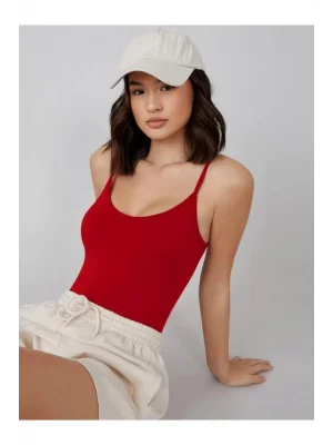 Kadın Sıfır Kol İp Askılı Kırmızı İpek Jarse Bodysuit