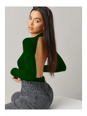 MetuCa Kadın Yeşil Sırt Dekolteli Bisiklet Yaka Uzun Kollu Sandy Kumaş Bodysuit Zıbın