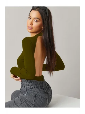 MetuCa Kadın Haki Yeşil Sırt Dekolteli Bisiklet Yaka Uzun Kollu Sandy Kumaş Bodysuit Zıbın