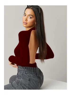 MetuCa Kadın Bordo Sırt Dekolteli Bisiklet Yaka Uzun Kollu Sandy Kumaş Bodysuit Zıbın