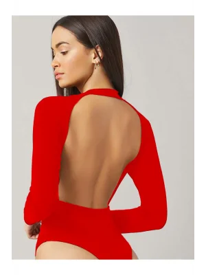 MetuCa Kadın Kırmızı Sırt Dekolteli Bisiklet Yaka Uzun Kollu Sandy Kumaş Bodysuit Zıbın