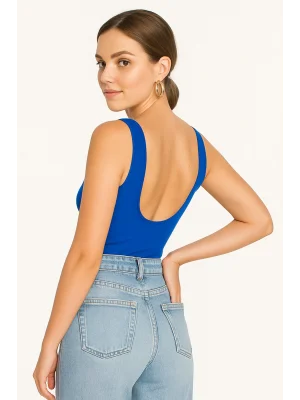 MetuCa Kadın Saks Mavisi Sırt Dekolteli Kayık Yaka Sıfır Kol Jarse Kumaş Basic Bodysuit Zıbın