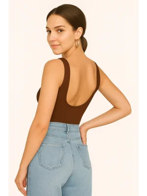 MetuCa Kadın Kahverengi Sırt Dekolteli Kayık Yaka Sıfır Kol Jarse Kumaş Basic Bodysuit Zıbın