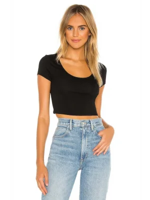 Kadın Siyah Kısa Kol U Yaka Ipek Jarse Crop Top