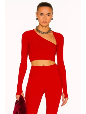 MetuCa Kadın Kırmızı Asimetrik Yaka Uzun Kollu Parmak Geçmeli Sandy Kumaş Crop Bluz