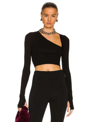 MetuCa Kadın Siyah Asimetrik Yaka Uzun Kollu Parmak Geçmeli Sandy Kumaş Crop Bluz