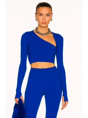 MetuCa Kadın Mavi Asimetrik Yaka Uzun Kollu Parmak Geçmeli Sandy Kumaş Crop Bluz