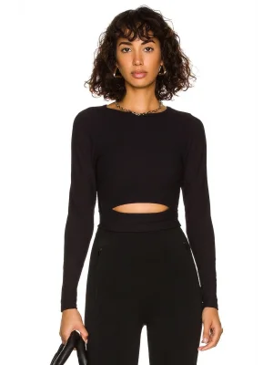 Kadın Siyah Uzun Kollu Ipek Jarse Crop Top