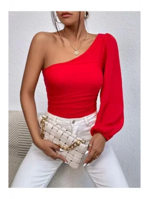 Kadın Tek Kol Kırmızı Ipek Jarse Bodysuit