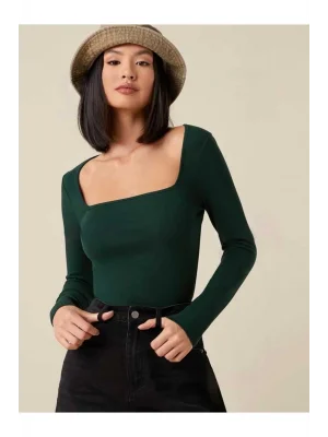 MetuCa Kadın Yeşil Kare Yaka Uzun Kollu Vücudu Saran İpek Jarse Kumaş Basic Bluz Badic