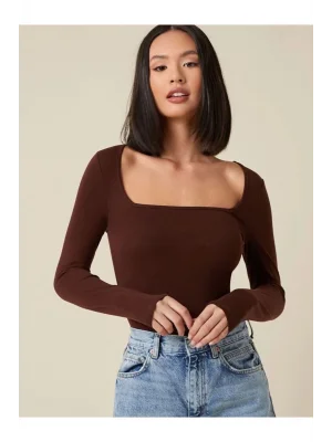 MetuCa Kadın Kahverengi Kare Yaka Uzun Kollu Vücudu Saran İpek Jarse Kumaş Basic Bluz Badic