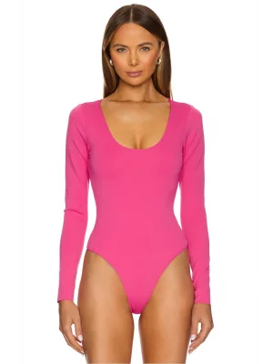 MetuCa Kadın Pembe Geniş U Yaka Uzun Kollu Sandy Kumaş Tanga Kesim Bodysuit Zıbın