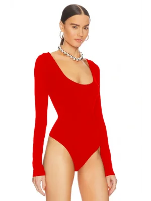 MetuCa Kadın Kırmızı Geniş U Yaka Uzun Kollu Sandy Kumaş Tanga Kesim Bodysuit Zıbın