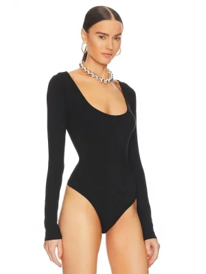 MetuCa Kadın Siyah Geniş U Yaka Uzun Kollu Sandy Kumaş Tanga Kesim Bodysuit Zıbın